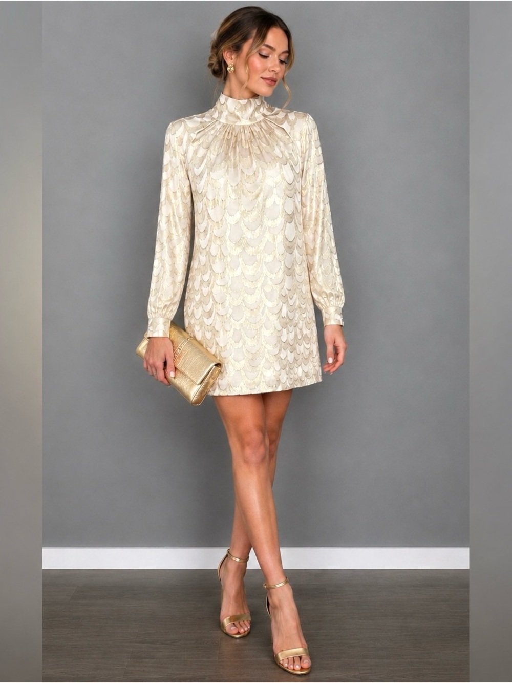 Milly Ivory Metallic Gold Long Sleeve Tie Neck Silk Sherie Mini Dress Size 8